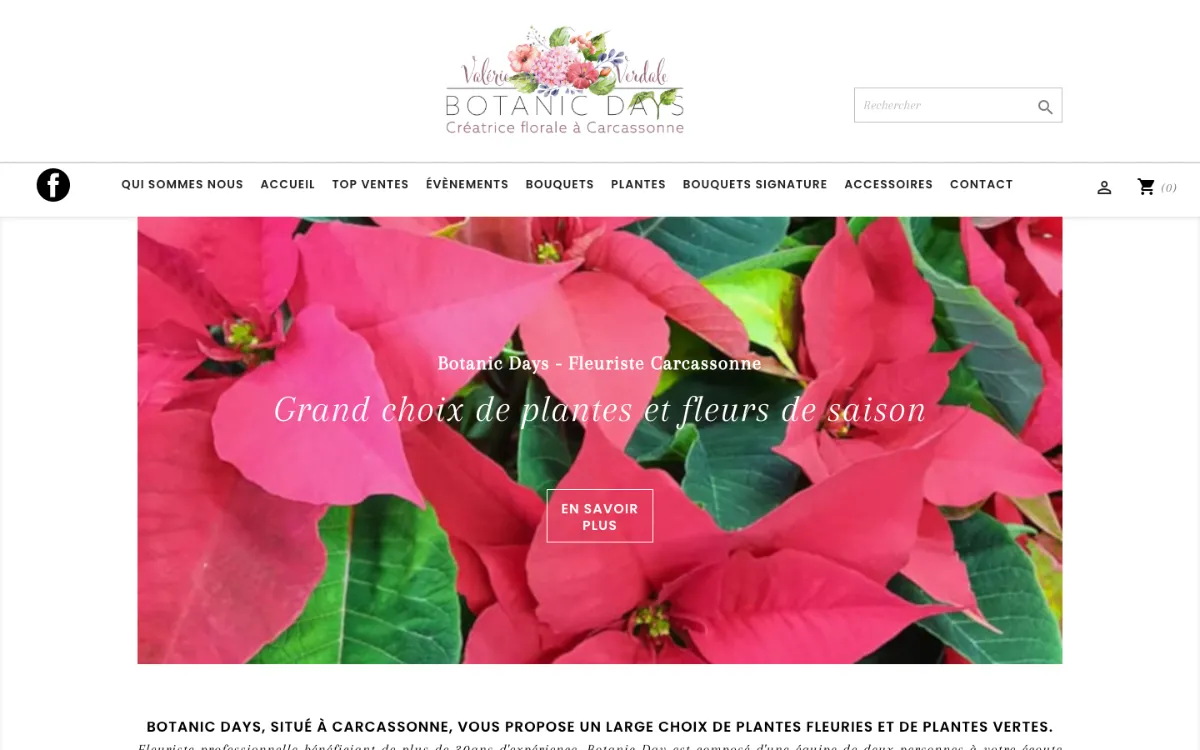 Page d’accueil de la boutique PrestaShop Botanic Days, fleuriste à Carcassonne