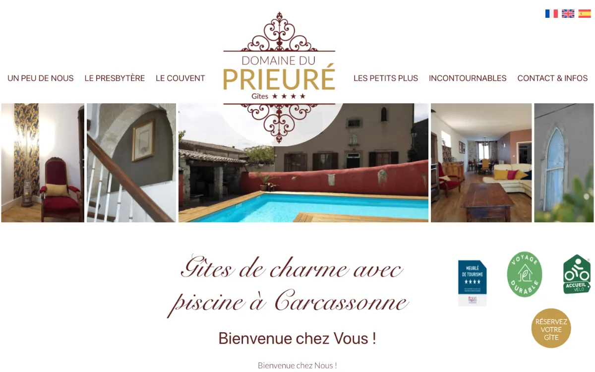 Page d’accueil du site WordPress du Domaine du Prieuré, gîtes à Carcassonne